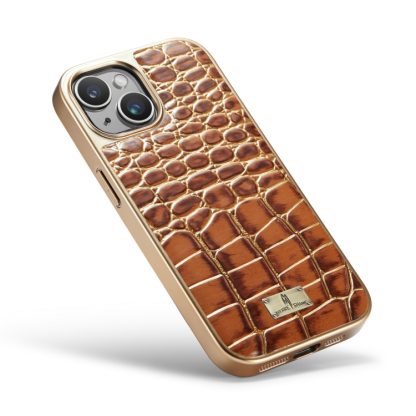 For iPhone 15 Fierre Shann Crocodile Texture Electroplating PU Phone Case(Brown) - Image 4