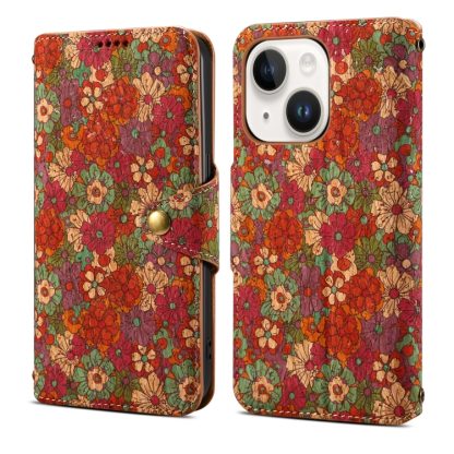 For iPhone 14 Plus Denior Flower Language Series Cork Fabric Oil Edge Leather Phone Case(Summer)