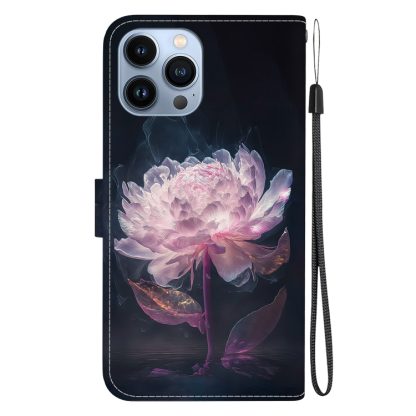 For iPhone 15 Pro Max Crystal Texture Colored Drawing Leather Phone Case(Purple Peony) - Image 3