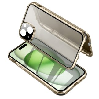 For iPhone 15 Anti-peeping Magnetic Tempered Glass Phone Case(Gold)