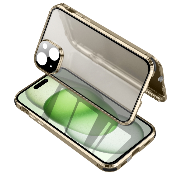 For iPhone 15 Anti-peeping Magnetic Tempered Glass Phone Case(Gold)