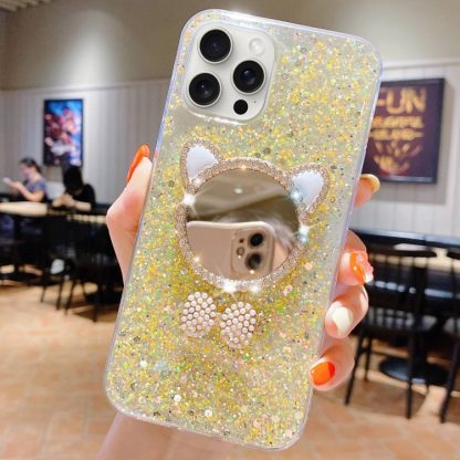 For iPhone 15 Pro Max Starry Sequin Diamond Cat Ears Mirror Epoxy TPU Phone Case(Yellow)