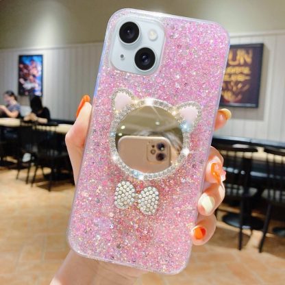 For iPhone 13 mini Starry Sequin Diamond Cat Ears Mirror Epoxy TPU Phone Case(Pink)