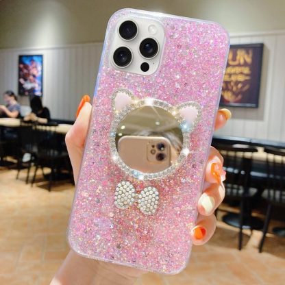 For iPhone 12 Pro Starry Sequin Diamond Cat Ears Mirror Epoxy TPU Phone Case(Pink)