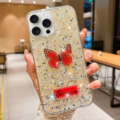 For iPhone 13 Pro Max Starry Sequin Rhinestones Butterfly Epoxy TPU Phone Case(Yellow)