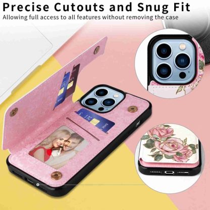 For iPhone 13 Pro Max Printed Double Buckle RFID Anti-theft Phone Case(Rose) - Image 4