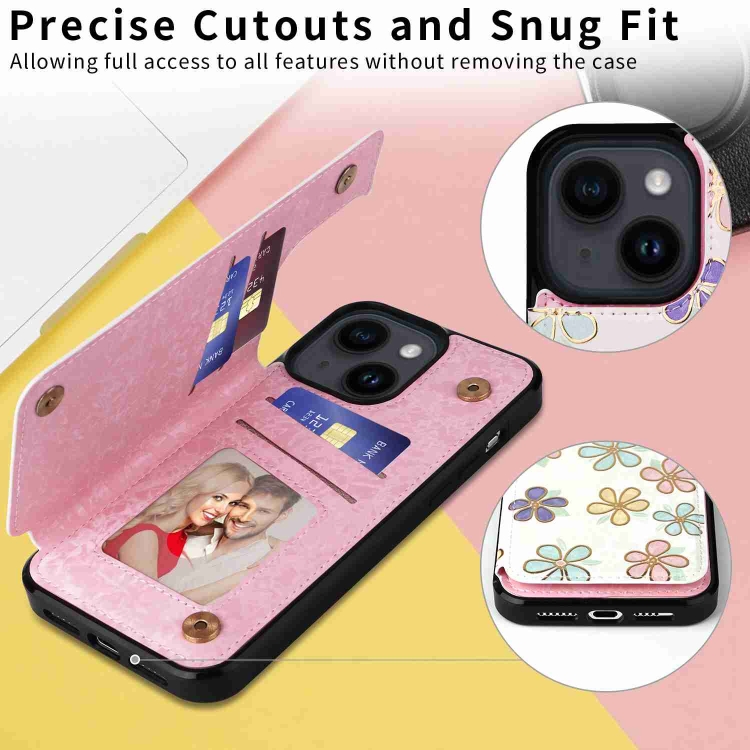 For iPhone 14 Printed Double Buckle RFID Anti-theft Phone Case(Blossoming Flowers) - Image 4