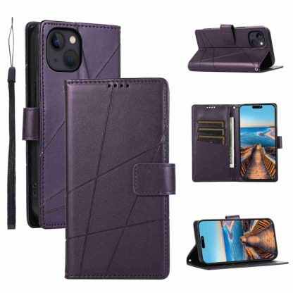 For iPhone 13 PU Genuine Leather Texture Embossed Line Phone Case(Purple)