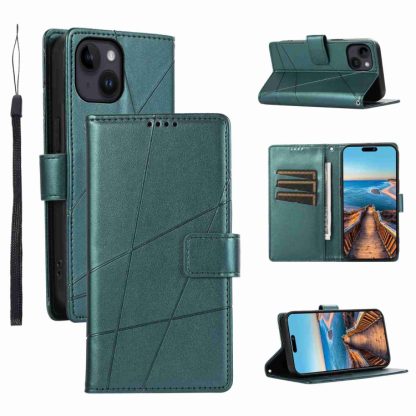 For iPhone 14 Plus PU Genuine Leather Texture Embossed Line Phone Case(Green)