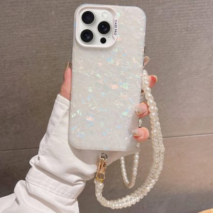 For iPhone 13 Pro Max Shell Texture Crossbody Pearl Chain TPU Hybrid Acrylic Phone Case(White)