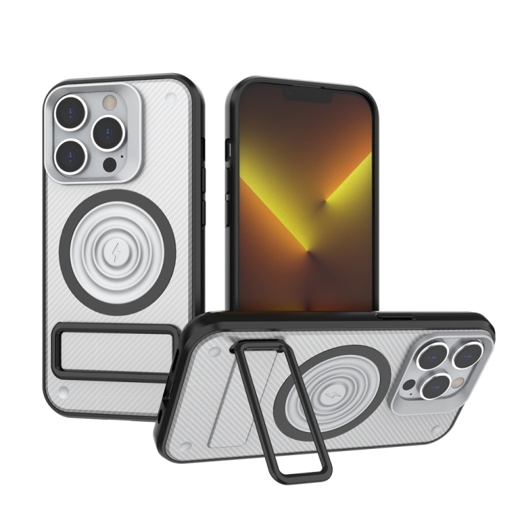 For iPhone 14 Pro Carbon Fiber Texture PC + TPU Phone Case with Metal Holder(White)