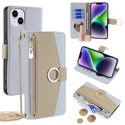 For iPhone 14 Plus Crossbody Litchi Texture Leather Phone Case(Blue)