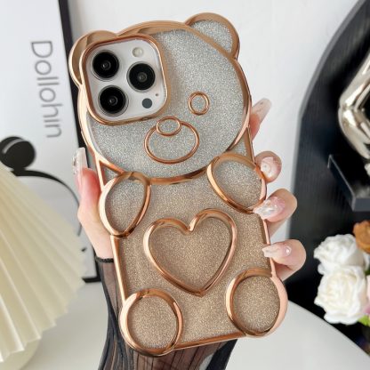 For iPhone 13 Pro Max Bear Shape Electroplated TPU Phone Case with Gradient Glitter Paper(Gold)