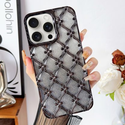 For iPhone 14 Pro Star Flower Electroplated TPU Phone Case with Gradient Glitter Paper(Black)