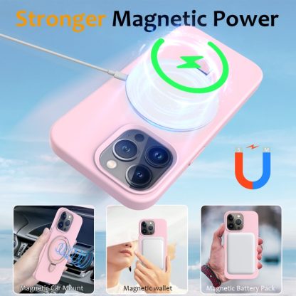 For iPhone 13 Pro MagSafe Magnetic Liquid Silicone Phone Case with Ring Holder(Grey Pink) - Image 3