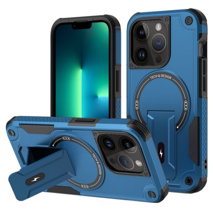 For iPhone 13 Pro Max MagSafe Holder Armor PC Hybrid TPU Phone Case(Dark Blue)