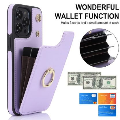 For iPhone 14 YM005 Skin Feel Card Bag Phone Case with Long Lanyard(Light Purple) - Image 2