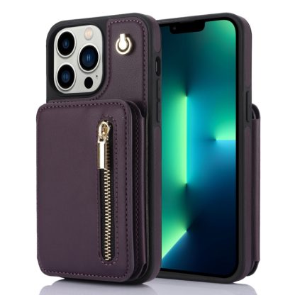 For iPhone 13 Pro Max YM006 Skin Feel Zipper Card Bag Phone Case with Dual Lanyard(Dark Purple)