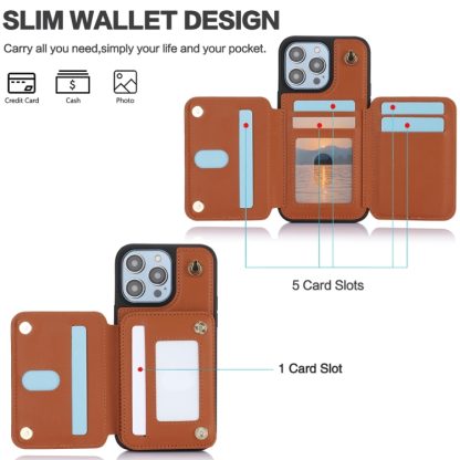 For iPhone 13 YM006 Skin Feel Zipper Card Bag Phone Case with Dual Lanyard(Brown) - Image 2