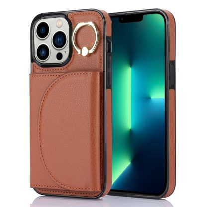 For iPhone 13 Pro YM007 Ring Holder Card Bag Skin Feel Phone Case(Brown)