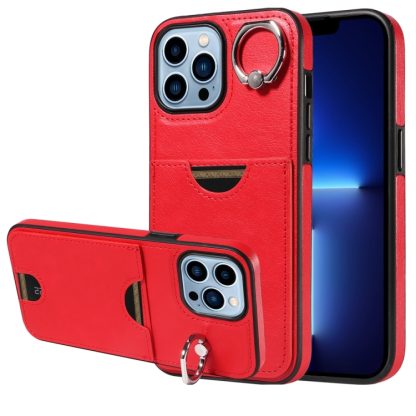 For iPhone 13 Pro Max Calf Texture Card Slot Ring Holder Phone Case(Red)