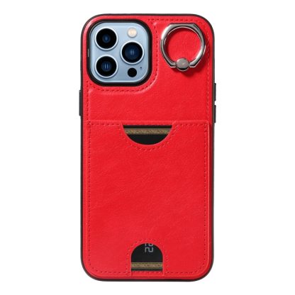 For iPhone 13 Pro Max Calf Texture Card Slot Ring Holder Phone Case(Red) - Image 2