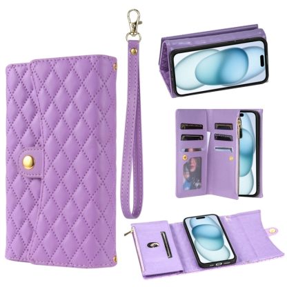 For iPhone 15 Plus Zipper Multi-Card Wallet Rhombic Leather Phone Case(Purple)