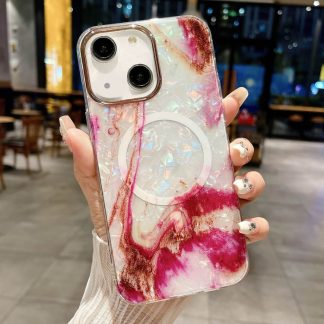 For iPhone 15 IMD Marble Acrylic Hybrid TPU Plating MagSafe Phone Case(Rose Red)