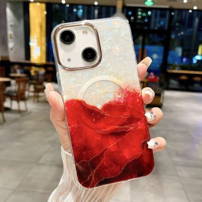 For iPhone 14 IMD Marble Acrylic Hybrid TPU Plating MagSafe Phone Case(Red)