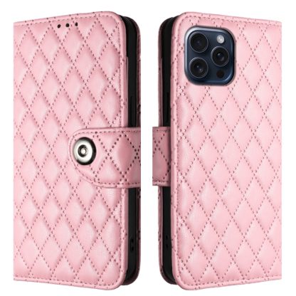 For iPhone 14 Pro Rhombic Texture Flip Leather Phone Case with Lanyard(Pink) - Image 2