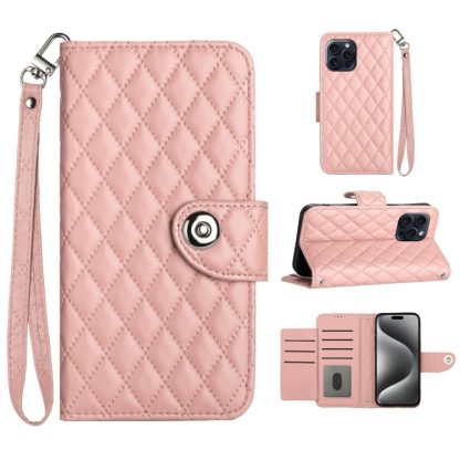 For iPhone 13 Pro Max Rhombic Texture Flip Leather Phone Case with Lanyard(Coral Pink)