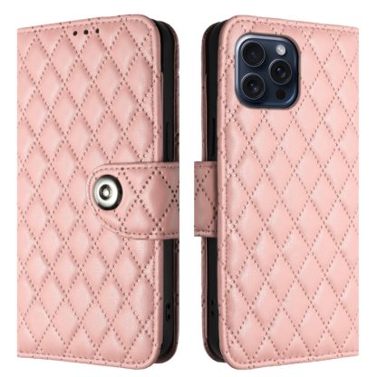 For iPhone 13 Pro Max Rhombic Texture Flip Leather Phone Case with Lanyard(Coral Pink) - Image 2