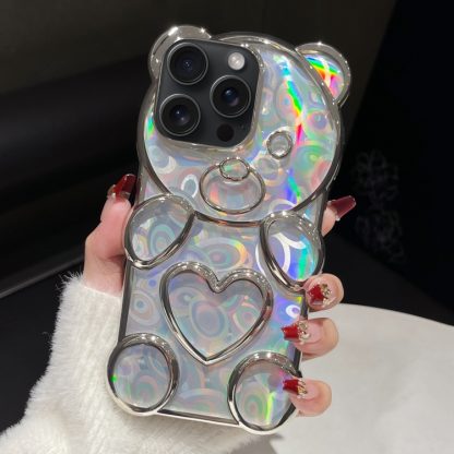 For iPhone 14 Pro Bear Shape Electroplated Laser TPU Phone Case(Silver)