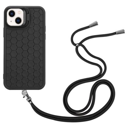 For iPhone 14 Honeycomb Radiating Lens Holder Magsafe Phone Case with Lanyard(Black) - Image 2