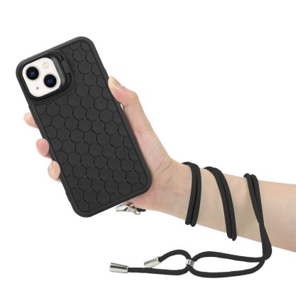 For iPhone 14 Honeycomb Radiating Lens Holder Magsafe Phone Case with Lanyard(Black) - Image 3