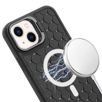 For iPhone 14 Honeycomb Radiating Lens Holder Magsafe Phone Case with Lanyard(Black) - Image 4