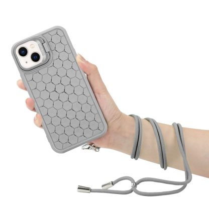 For iPhone 14 Plus Honeycomb Radiating Lens Holder Magsafe Phone Case with Lanyard(Grey) - Image 3