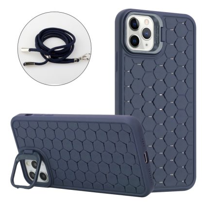 For iPhone 14 Pro Honeycomb Radiating Lens Holder Magsafe Phone Case with Lanyard(Blue)