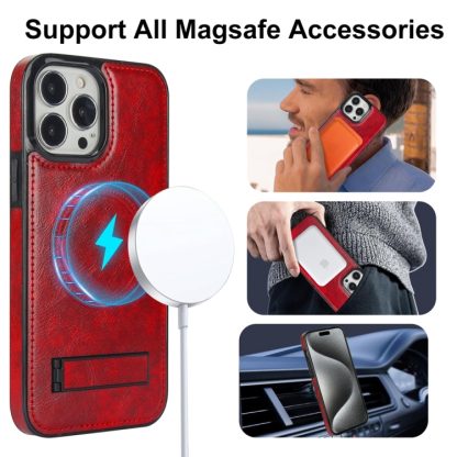 For iPhone 15 Pro Retro Leather Invisible Stand MagSafe Phone Case(Red) - Image 2