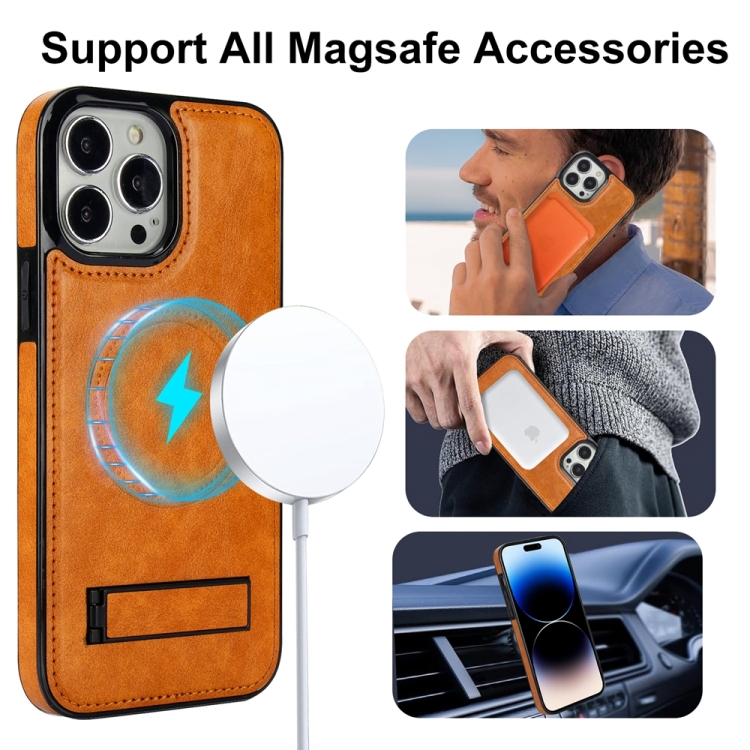 For iPhone 14 Pro Max Retro Leather Invisible Stand MagSafe Phone Case(Yellow) - Image 2