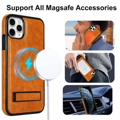 For iPhone 11 Pro Max Retro Leather Invisible Stand MagSafe Phone Case(Yellow) - Image 2