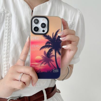 For iPhone 14 SUNSET Coconut Tree Dual-side Laminating Laser Phone Case(Red) - Image 2