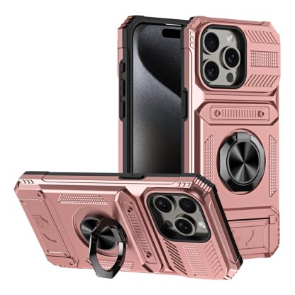 For iPhone 13 Pro TPU+PC Shockproof Card Phone Case with Metal Ring Holder(Rose Gold)