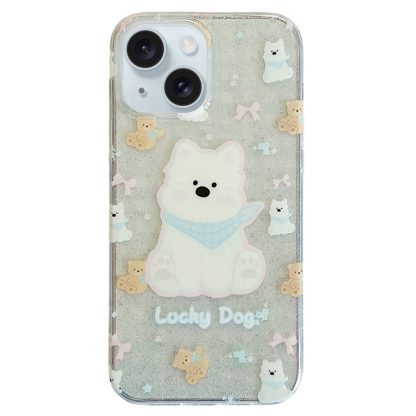 For iPhone 15 Double Sided IMD Full Coverage TPU Phone Case(Blue Scarf Puppy)