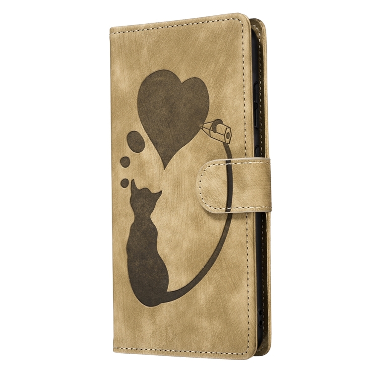 For iPhone 15 Pen Heart Cat Embossed Leather Phone Case(Apricot) - Image 3