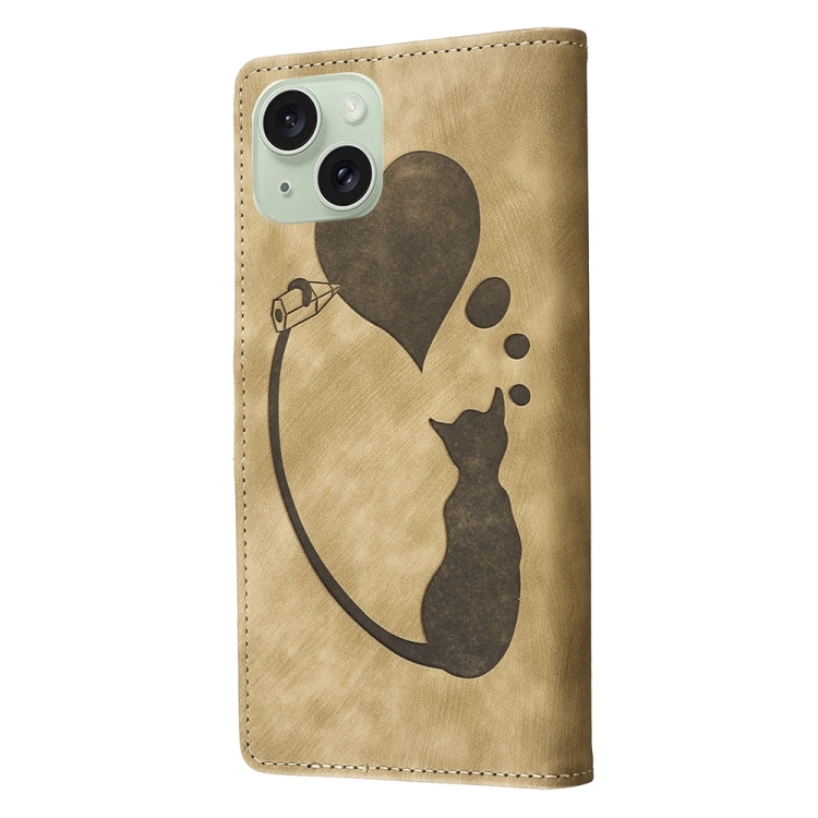For iPhone 15 Pen Heart Cat Embossed Leather Phone Case(Apricot) - Image 4