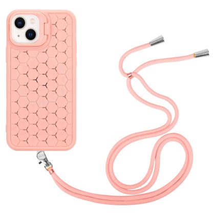 For iPhone 14 Plus Honeycomb Radiating Holder TPU Phone Case with Lanyard(Pink) - Image 4