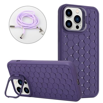 For iPhone 13 Pro Honeycomb Radiating Holder TPU Phone Case with Lanyard(Purple)