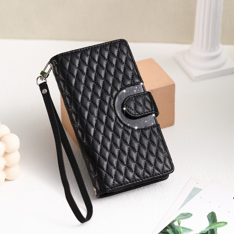 For iPhone 14 Plus Glitter Lattice Zipper Wallet Leather Phone Case(Black) - Image 2