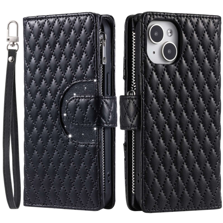 For iPhone 14 Plus Glitter Lattice Zipper Wallet Leather Phone Case(Black) - Image 3